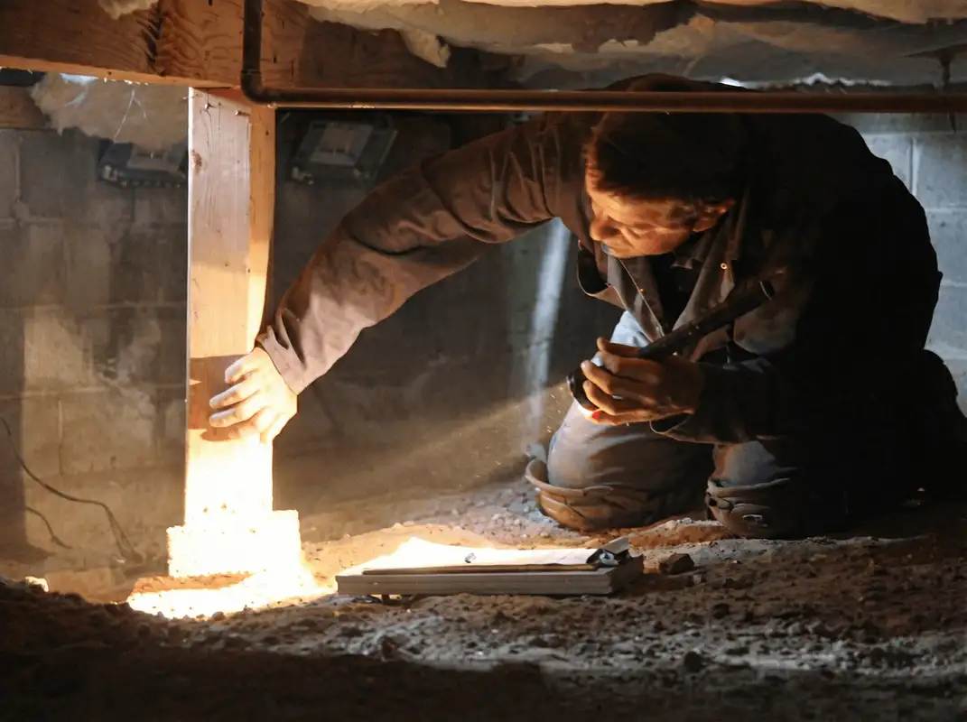 A professional inspecting wooden beams under the floor of a structure in Tacoma, WA