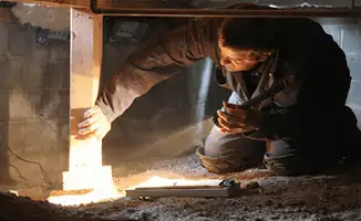 A professional inspecting wooden beams under the floor of a structure in Tacoma, WA